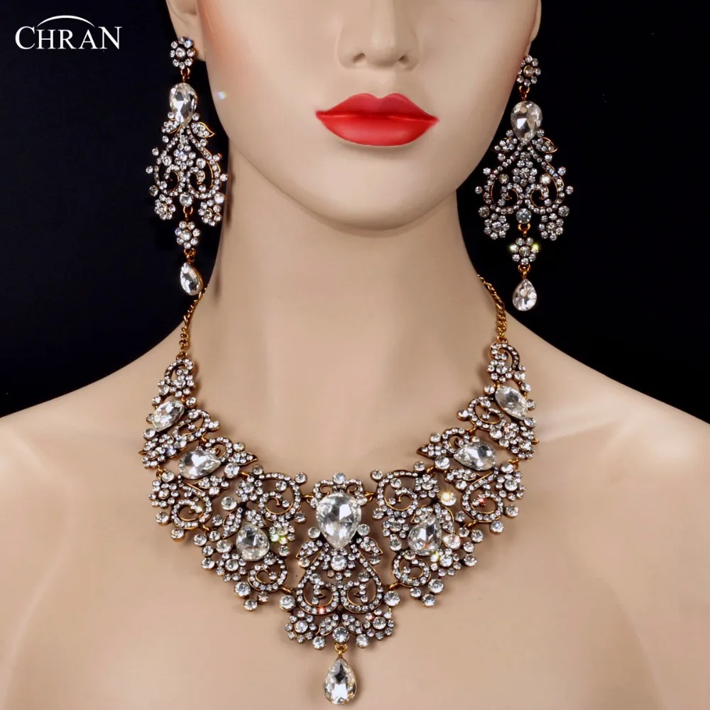 CHRAN Noble Crystal Indian Bridal Jewelry Sets for Women Vivid Antique Gold Color Necklace Sets Silver Color Wedding Jewelry