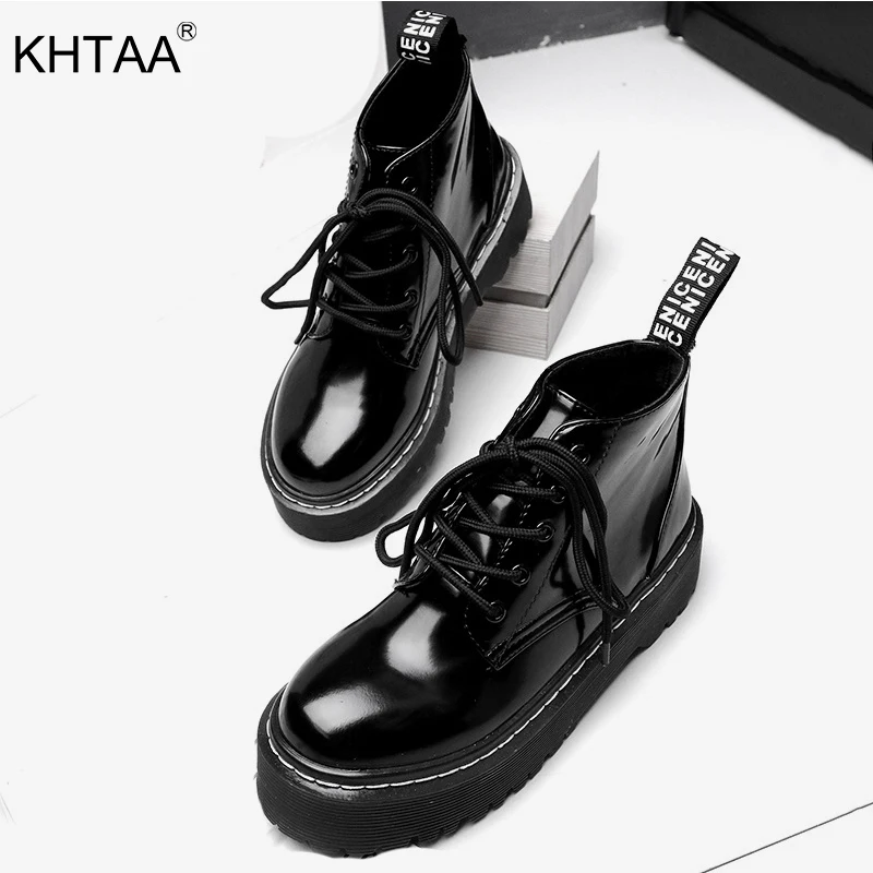 Patent Leather Flat Platform Women's Ankle Boots Autumn Black Lace Up Shoes Fashion Party Punk Footwear For Ladies Girls Winter Patent Leather Flat Platform Women's Ankle Boots Autumn Black Lace Up Shoes Fashion Party Punk Footwear For Ladies Girls Winter