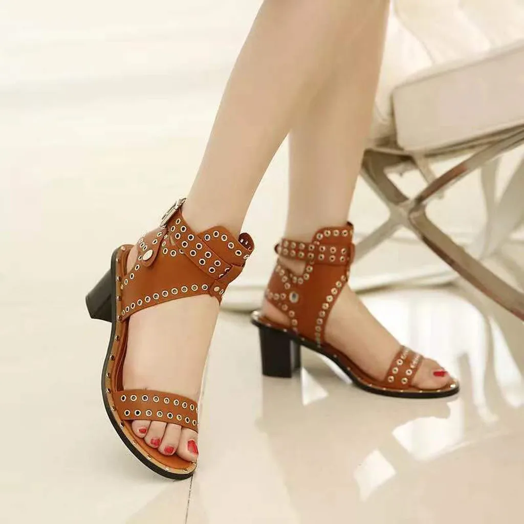 

Womens Fashion Flats Open Toe Rivets Beach Shoes Post High Heels Roman Sandals high heels open toe heels sexy#G35