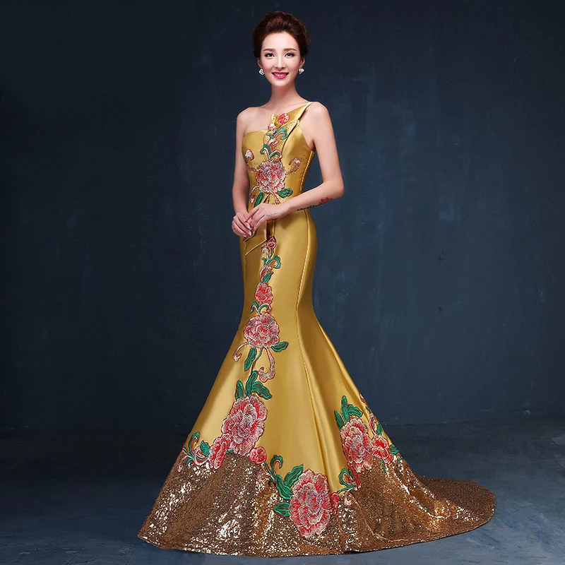 Sexy Oriental dress 2016 strapless gold Mermaid cheongsam evening dress