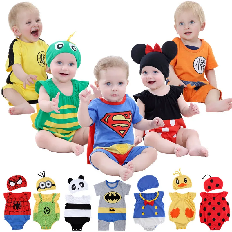 

Baby Rompers Summer 100% Cotton Infant Jumpsuits Mickey Minnie Superman Spiderman Batman Newborn Boys Girls Clothes With Cap