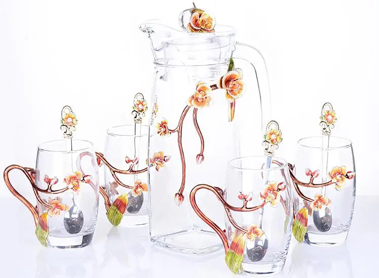 Цветной эмалированный стеклянный чайник, европейский стиль, кофейная чашка, наборы, бытовой цветочный чай, чашка для сока, чайник, подарочная коробка