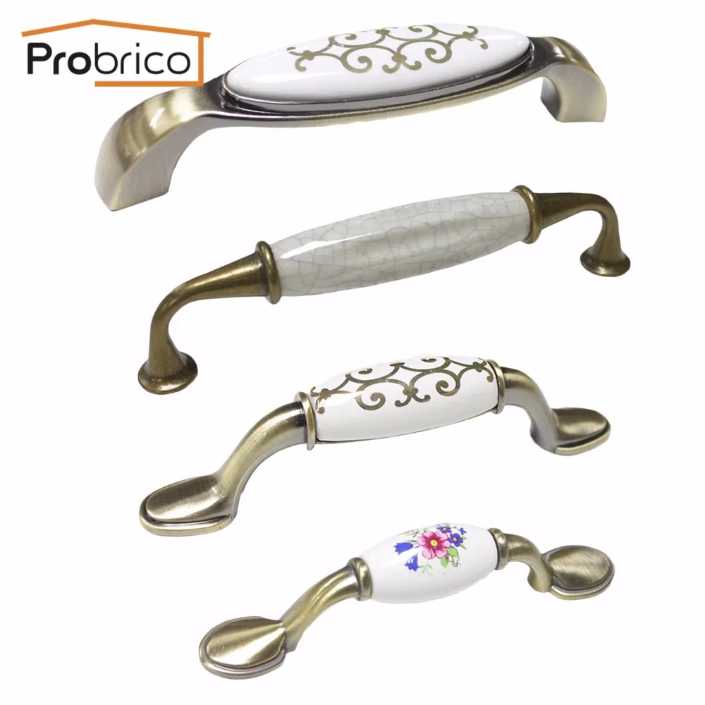Probrico фарфор ручки для шкафа цинковый сплав Античная бронза керамика Винтаж Кухня