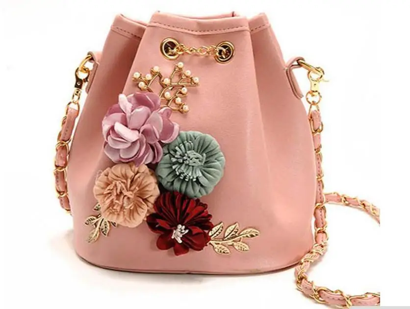 

dower me Handmade Flowers Bucket Bags Mini Shoulder Bags With Chain Drawstring Small Cross Body Bags Pearl Bags Leaves Decals