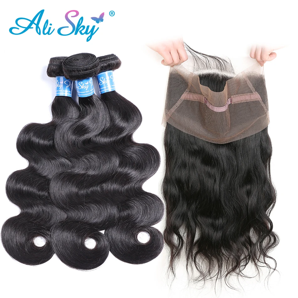 Ali Sky Brazilian Body Wave 360 Lace Frontal With Bundle Remy Human Hair 3 Bundles Lace Frontal Closure Pre Plucked&Baby Hair