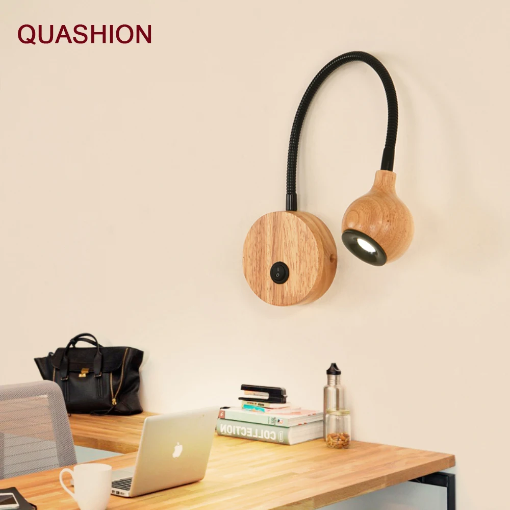  Modern wood LED Wall Lamps With Knob Switch 3W AC90-260V Bedroom Bedside Reading Light Direction Ad - 32899575870