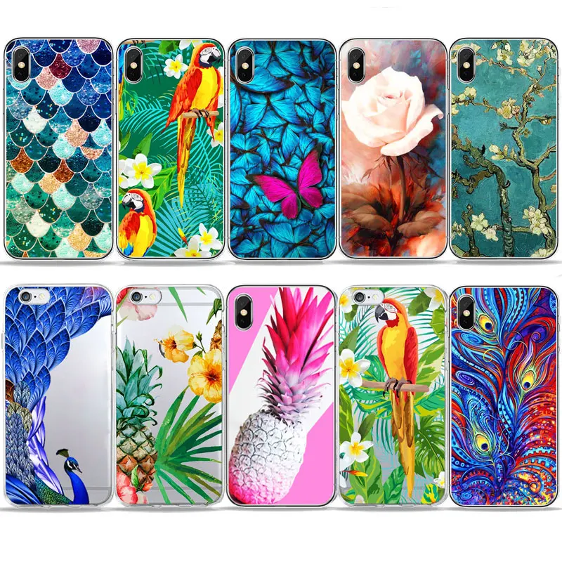 

Tropical plant Floral butterfly pineapple phone Case For iPhone 7 5S SE 6S 4S Soft TPU Silicone Cover For iPhone X 8 8plus Case
