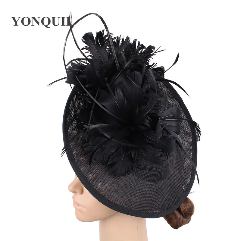 Женские шляпы с перьями миллинери, вуалетки, имитация sinamay derby, Кентукки, элегантные головные уборы для свадьбы - Цвет: Черный