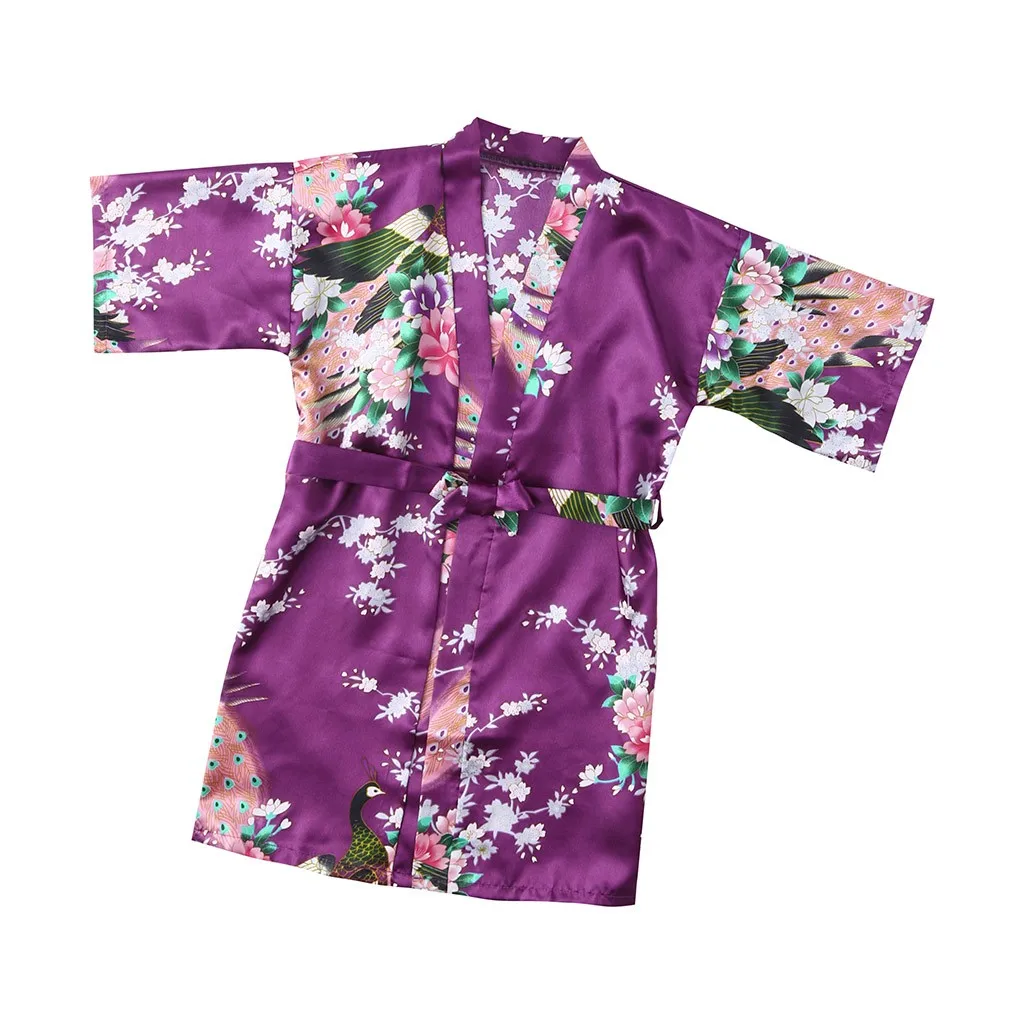 Одежда для малышей Детская одежда для девочек с цветочным рисунком Шелковый атласное кимоно; наряд халат, одежда для сна пижамы для детей - Цвет: Purple