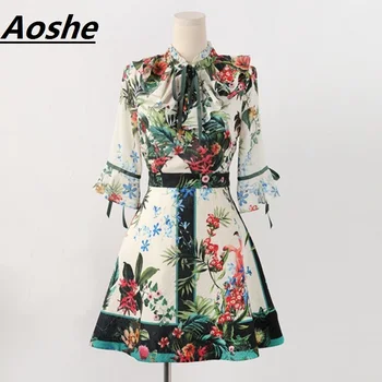 

Aoshe Print Autumn Floral Women Dresses O-neck Elegant Three Quarter sleeve Waist A Line Chic Dress Ladies Dress