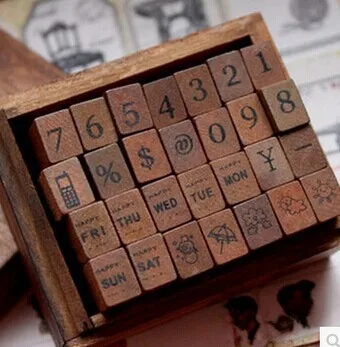 

NEW Retro wood box stamp, Number, weather &week design wood Stamp 4sets/lot