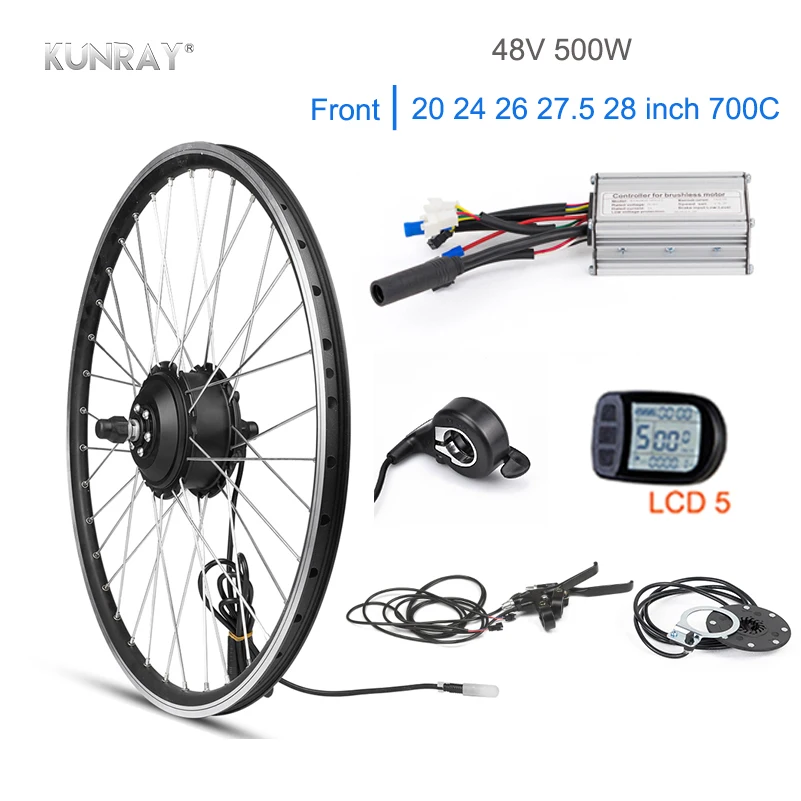 Discount KUNRAY 48V 500W Electric Brushless Gear hub Motor 20" 26" Front motor wheel ebike Conversion Kit bldc Controller KT LCD5 Display 0