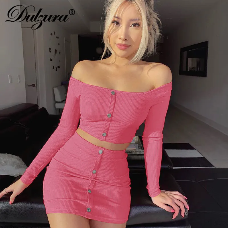  Dulzura 2019 Summer Women Two piece set Skirt set Button Crop top Sexy Elegant Festival Knitted Par