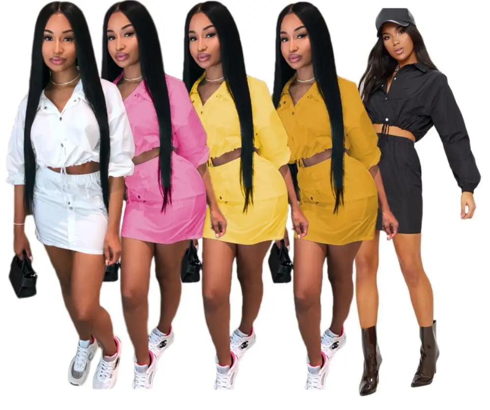 

New Autumn Women Casual Fashion 2 Piece Set Solid Color Sleeve + Mini Skirts Sportwear Solid Color fashion lounge wear