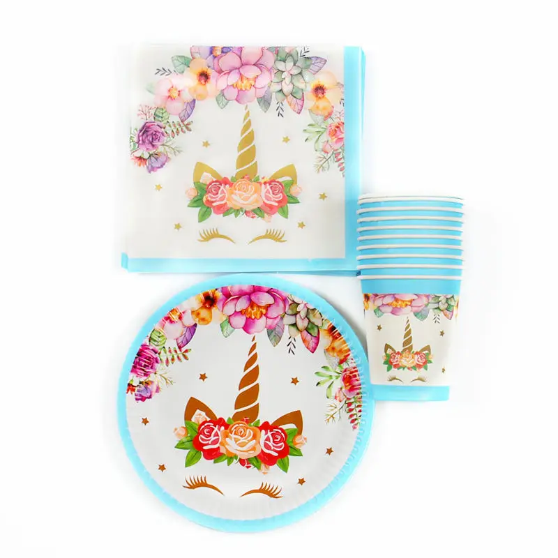 

60pcs/lot Unicorn Party Supplies Set Disposable Tableware Serves Birthday Party Pink and Blue Unicorn Paper Napkin Cup Plate
