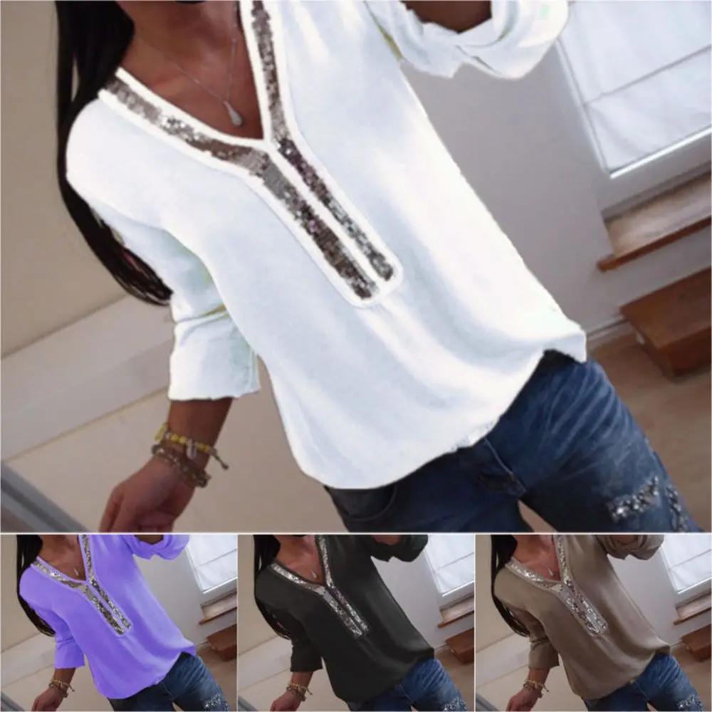 

Glitter Sequins Tunic Shirt Autumn Women Fashion V-neck Pullover Tops Plus Size