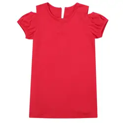 Летнее хлопковое повседневное цельнокроеное платье с вырезами на плечах для девочек-подростков, модные красные платья для детей 2-14 лет