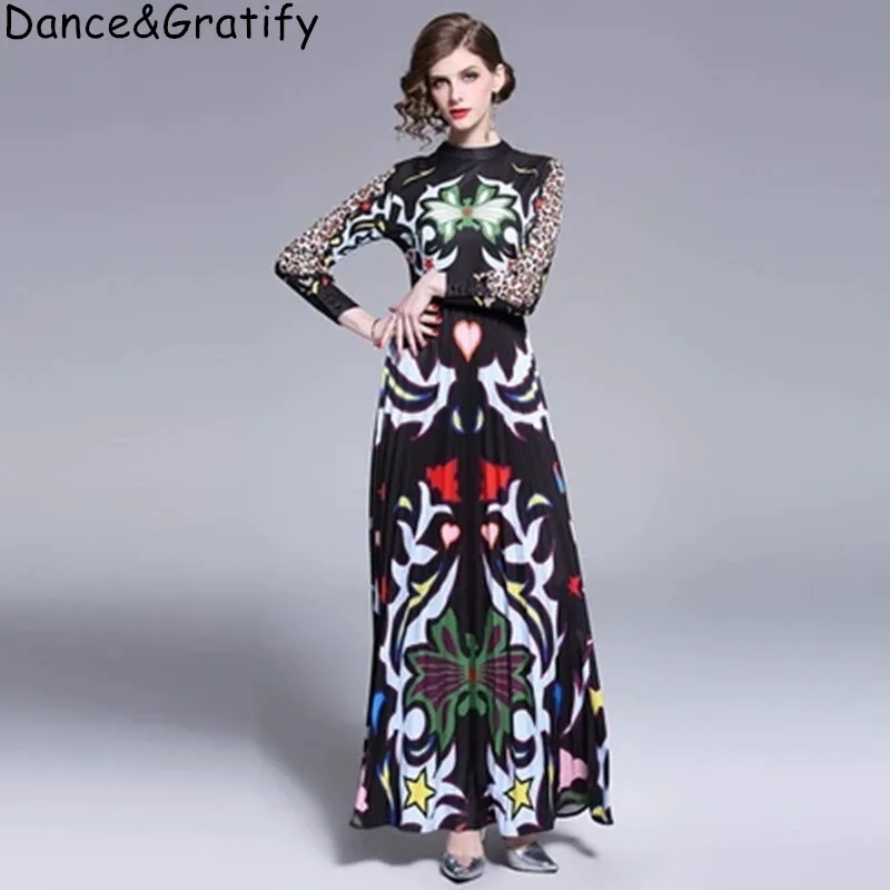 

High Quality 2019 New Spring Women Brand Designer Vintage Print Runway Dress Long Maxi Big Swing Chic Boho Party Dresses