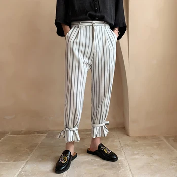 

Male Fashion Japan Style Wide Leg Trousers Men Streetwear Hip Hop Loose Casual Stripe Ribbons Straight Pant Joggers Sweatpants