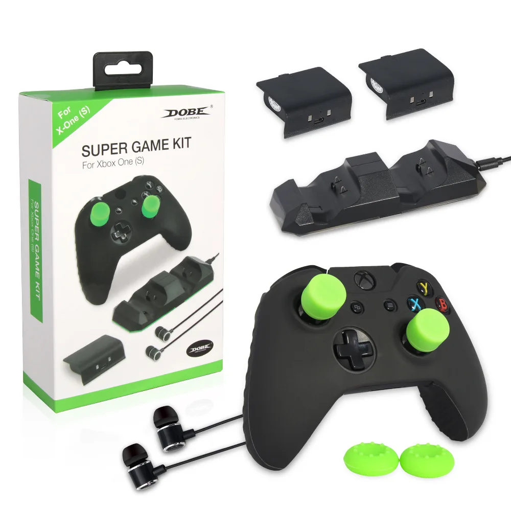 

Super Game Kit 1xDual Charging Dock+2x300mAh Battery+1xHeanphones+4xSilicon Thumbstick Cover+1xController Case for XBox One(S)
