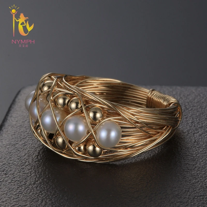 

NYMPH Fine Jewelry Pearl Rings For Women Near Round Natural Pearl Wedding Bands Birthday Gift J312