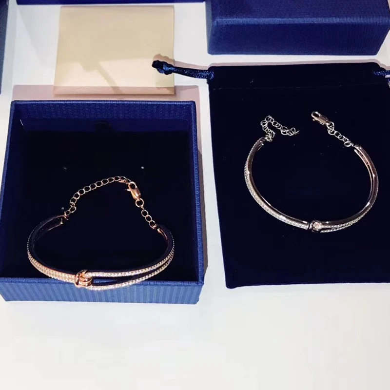

Swan Brand Pure 925 Sterling Silver Jewelry For Women Rose Gold Bowknot Bangle Silver Link Chain Bracelet Adjustable Cuff Bangle