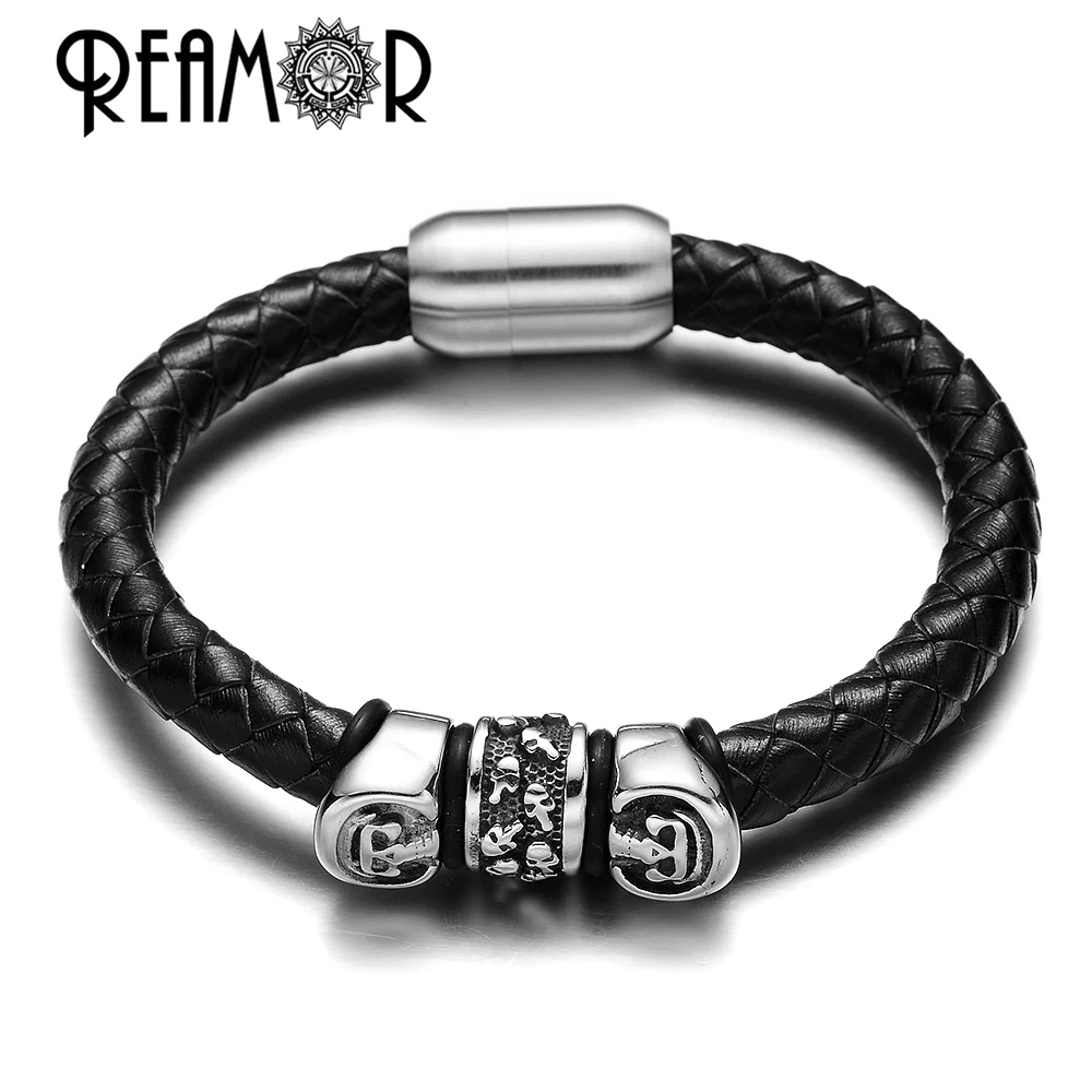 

REAMOR 17-21cm Genuine Braided Leather Bracelet 316l Stainless Steel Skull Bead Bracelets With Magnetic Buckle Clasp Men Luxury