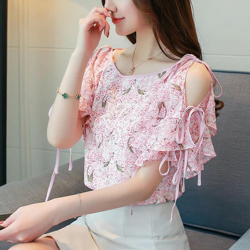 

2019 New Korean Version Fashion Broken Flower Chiffon Women Blouse Spring Summer Simple Round Collar And Lotus Leaf Sleeve Shirt