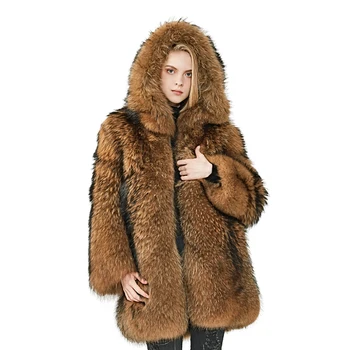 

Winter Hooded Racoon Fur Coat Women Thick Fur New Style Jacket Natural Raccoon Fur Overcoat High Quality Warm Fur Coat