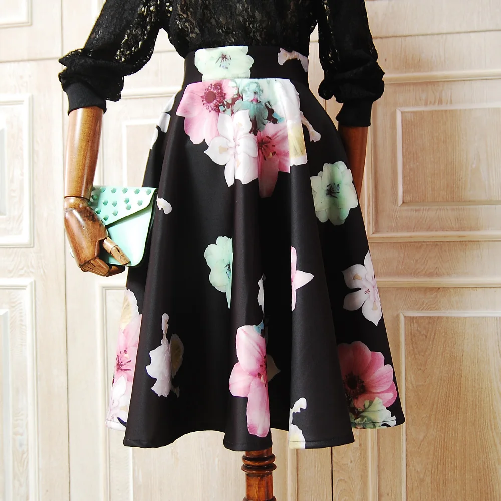 2016 Spring New Floral Print Midi Skirt Women Vintage Fashion Ladies