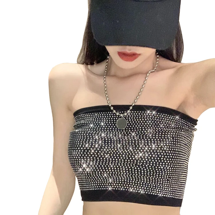 

2019 new summer women fashion sexy shiny sequin strapless wrapped chest base backless tank white black basic sleeveless tops