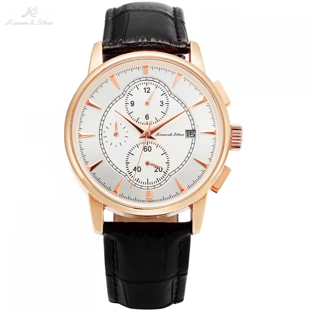 

KS Automatic Rose Gold Case Black Leather Band Date Month Function Mechanical Watches Mens Luxury Watch Relogio Masculino /KS283