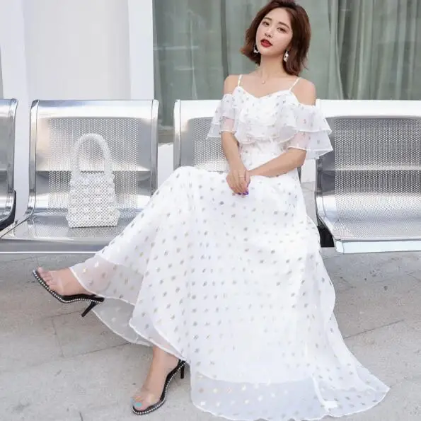 

2019 summer women's dress elegant boho goddess sling dew shoulders Cascading Ruffle Wave point Chiffon long Dress DV446