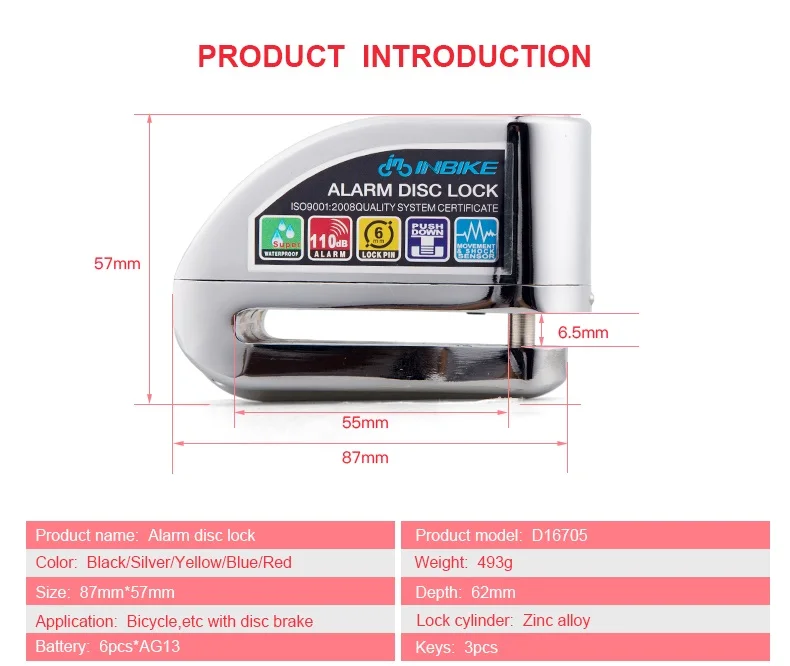 INBIKE сигнализация для велосипеда, дисковый замок, Противоугонный тормозной диск, сигнализация безопасности, электронный замок 6 мм, булавка для мотоцикла, мотоцикла, безопасности велосипеда