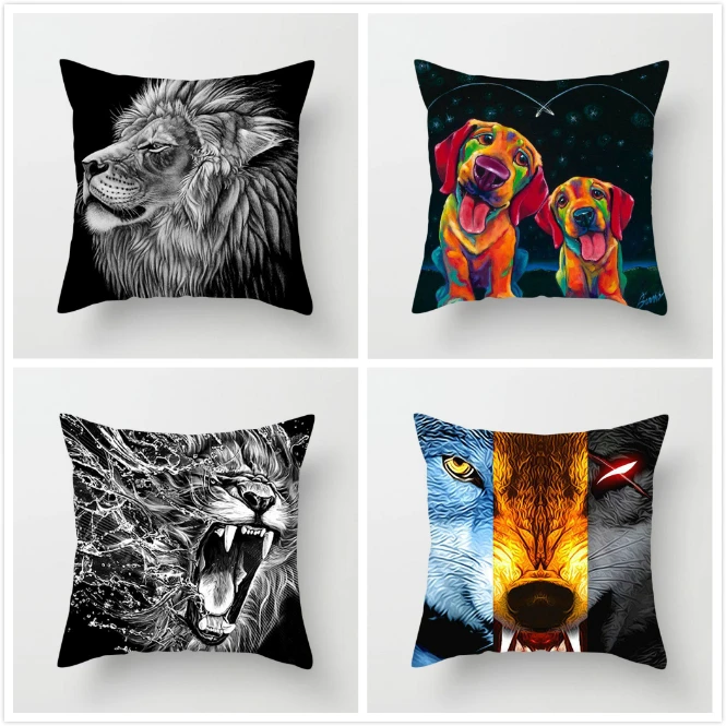 

Fuwatacchi Cartoon Lion Wolf Bird Pillows Cover Abstract Wind Animal Cushion Cover Square Linen Pillowcase Decor Home Sofa Chair