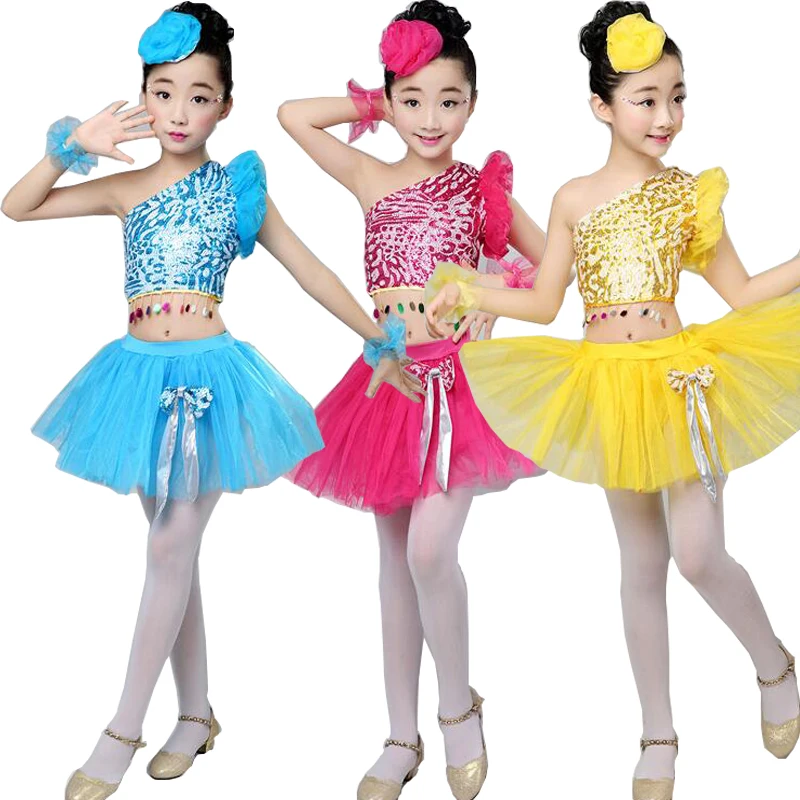 Girls Sequined Modern Dance Tops+skirt Kids Party Dancewear Costumes