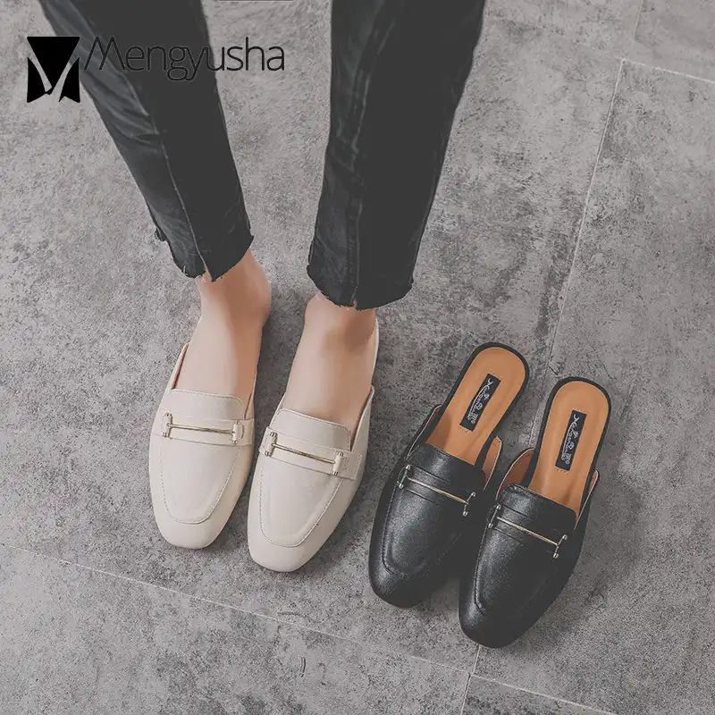 Midress 2019 Women Casual Shoes Metal Decoration Square Toe Flat Shoes Cover Toe Slippers Sandals