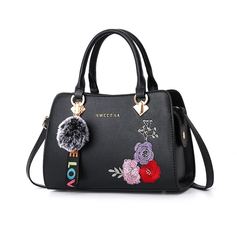 

Women Bags Hairball Ornaments Totes Embroidered Flowers Handbag Ladies Messenger Crossbody Shoulder Bags Party Purse Top-Handle