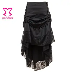 Черный Асимметричный цветочный кружево оборками кнопку длинные стимпанк викторианской юбки для женщин пикантные Готический костюмы для в