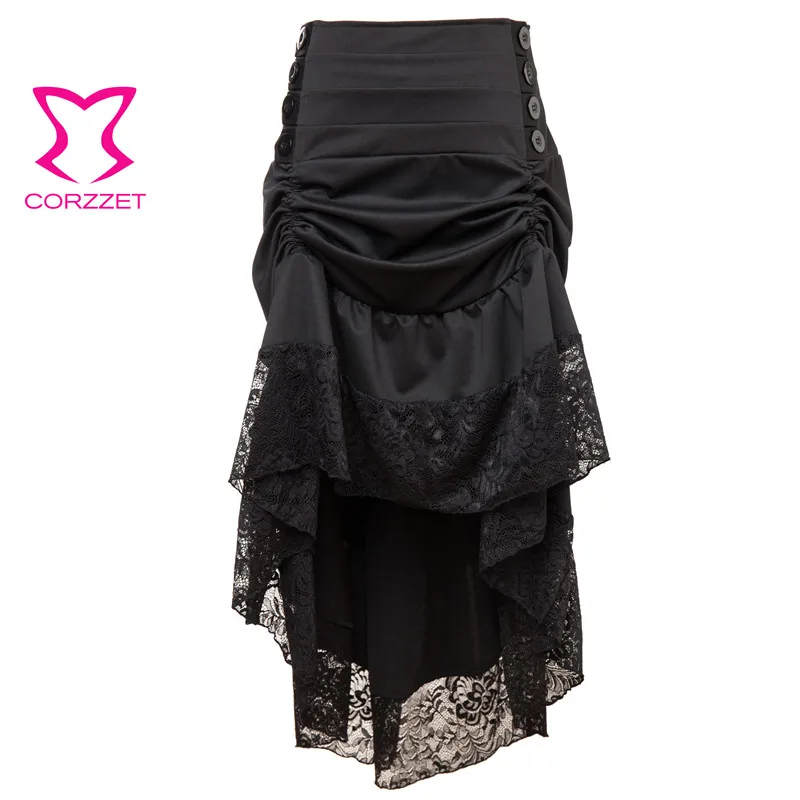 

Black Asymmetrical Floral Lace Ruffles Button Long Steampunk Victorian Skirts Sexy Gothic Clothing Women Vintage Skirt Plus Size