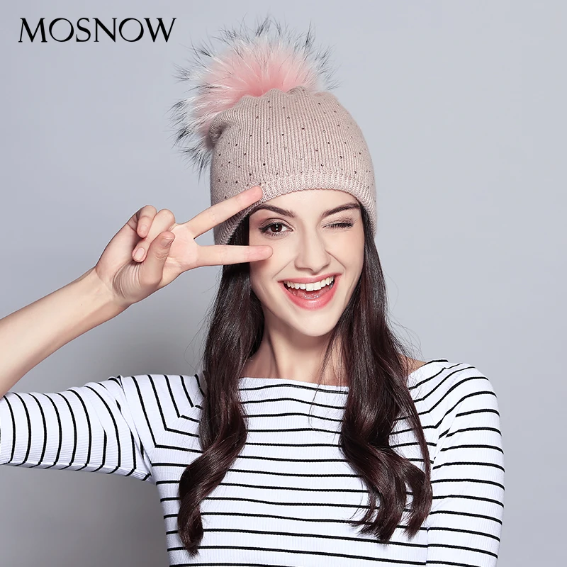 

Wool Beanie For Women 2018 New Casual Hat Raccoon Fur Pompom With Rhinestone Cap Winter Knitted Ladies Hat Skullies Beanies