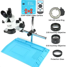 Simul-Focal непрерывный зум 7-45X Тринокулярный Стерео микроскоп 21MP HDMI микроскоп камера 144 светодиодный кольцевой Светильник Универсальный кронштейн