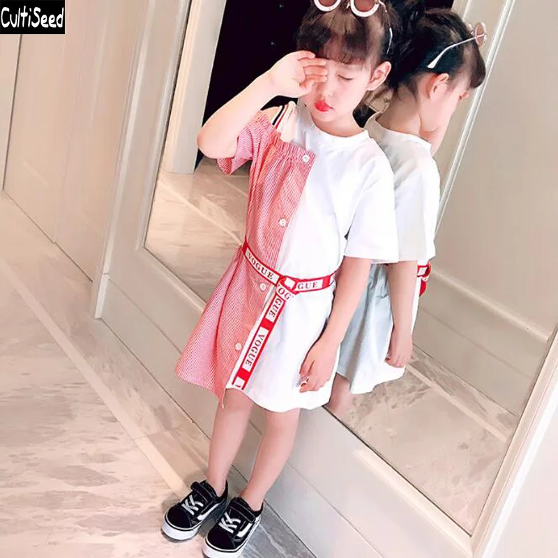 

Cultiseed Big Girl Summer Dress 2019 Children Striped Patchwork Short Sleeve Party Dress Kids Casual Tshirt Dress