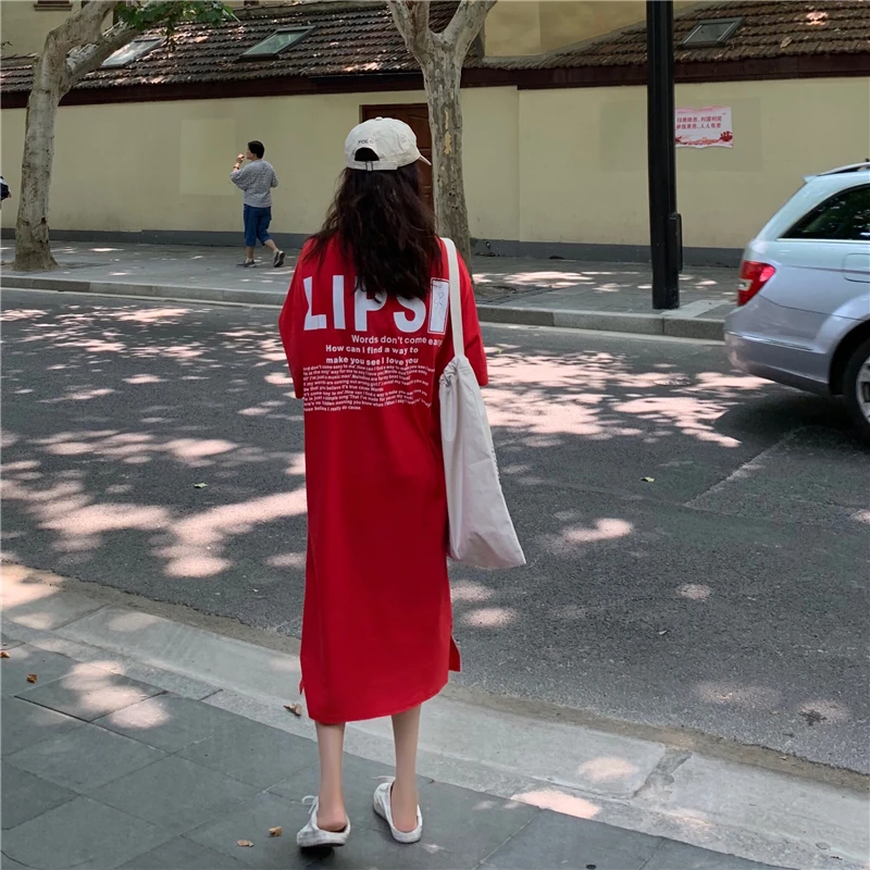 

Milinsus Women College Style Red Dresses Vogue Loose Letter Print Long T-shirt Dress Vestidos Verano 2019 Summer Student Clothes