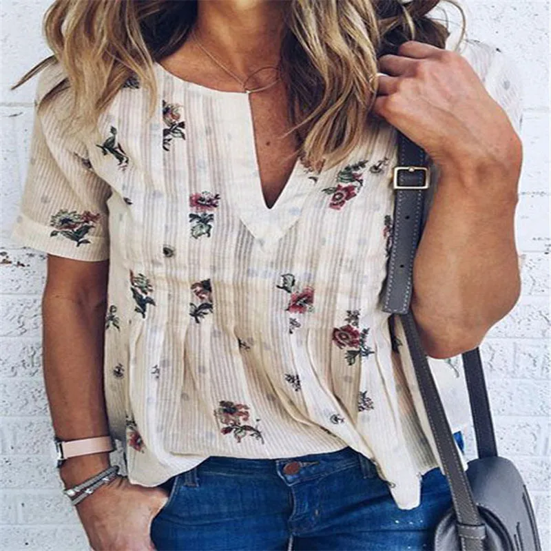 

Stylish Summer Women clothes pullover Floral print Blouse Short Sleeve Ladies V-Neck Casual Polyester Shirts one pieces