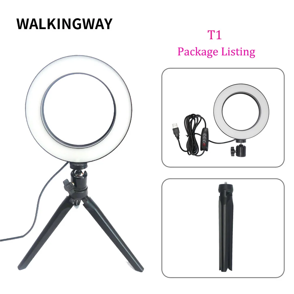 Walkingway 6" Photography Lighting Dimmable LED Selfie Light Ring Light Youtube Live Video Makeup Photo Studio Light USB Plug - Color: Black