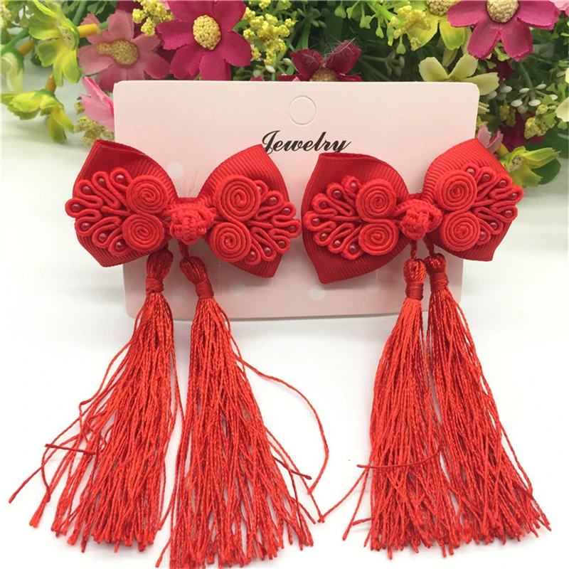 

New Kids Children Red bowknot Hair clips Accessories Girls Tassel Hairpins Barrettes Hairgrips Headwear Headdress ornaments gift