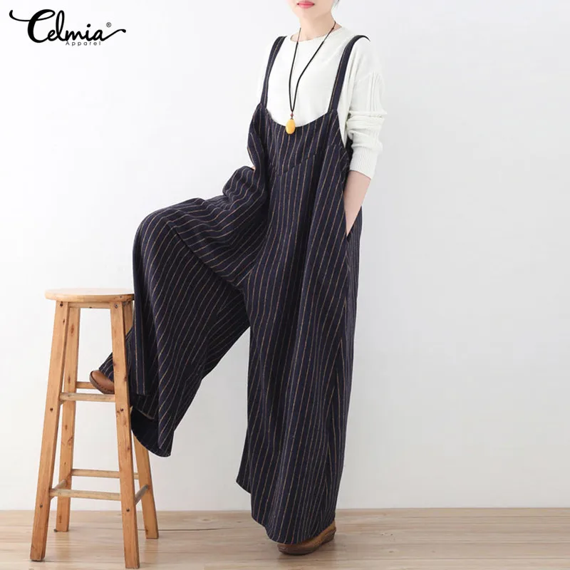 

Plus Size S-5XLCelmia 2019 Summer Wide Leg Pants Rompers Womens Jumpsuit Striped Long Palazzo Pants Feamle Suspender Trousers