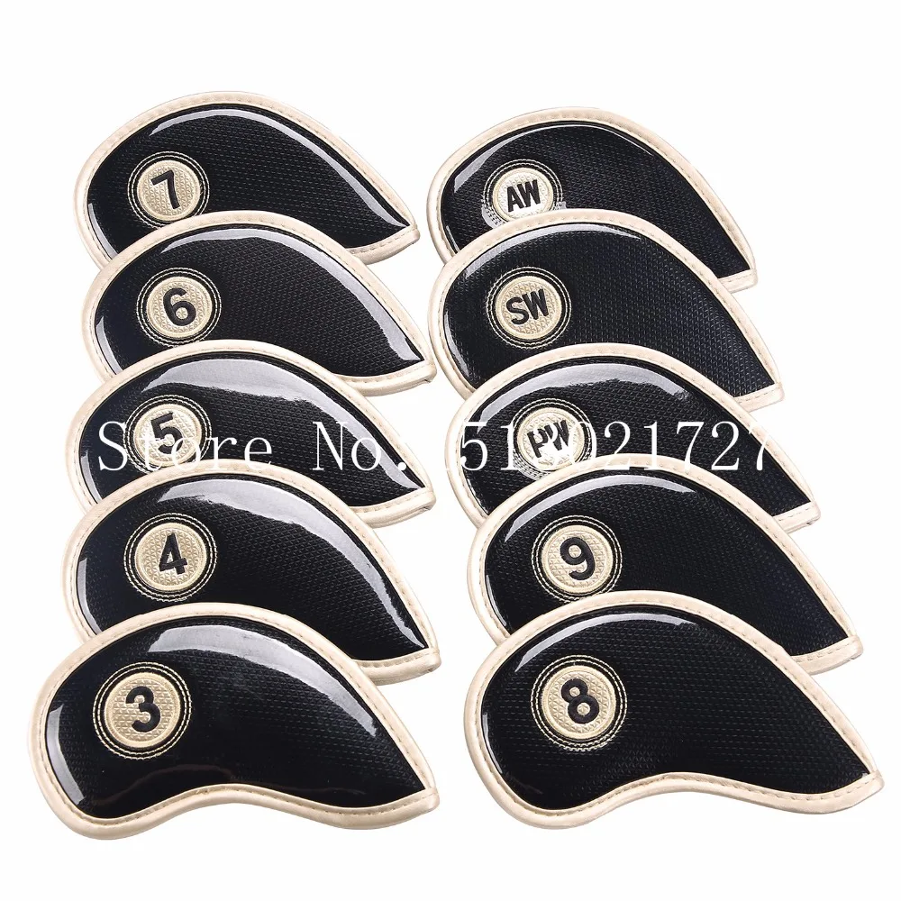 

10pcs Golf Iron Headcover Head Cover with Closure New Thick PU Leather Black&Golden Smooth Surface