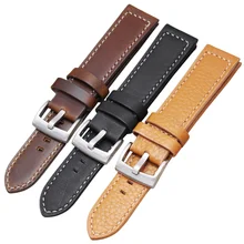 HENGRC 18mm 20mm 22mm Genuine Leather Watch Strap Belt Manual Men Thick Brown Black Watchbands Buckle Accessories